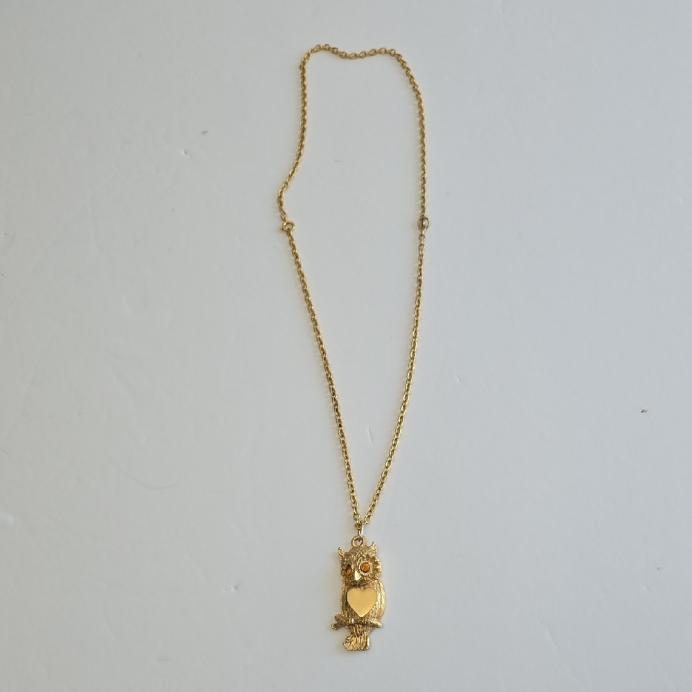 Vintage Owl Heart Necklace Gold Tone
